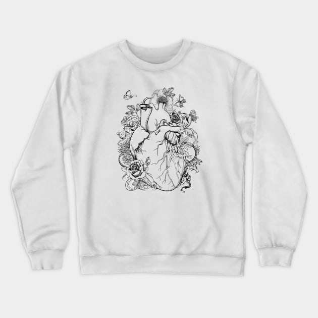 Tattoo style anatomical HEART illustration with a note to Love, stay Wild and be Free | Human Boho Heart with Flowers | Gothic Line Wall Art Crewneck Sweatshirt by EquilibriumArt